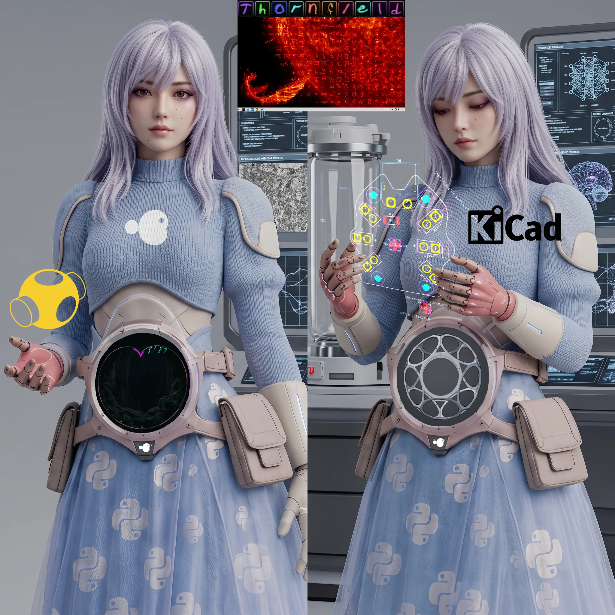 A silver-haired synthetic person working with neural and circuit interfaces