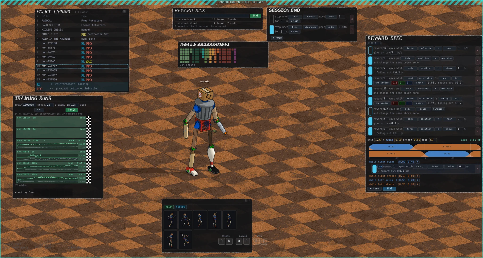 A robot reinforcement-learning interface surrounded by policy and reward panels