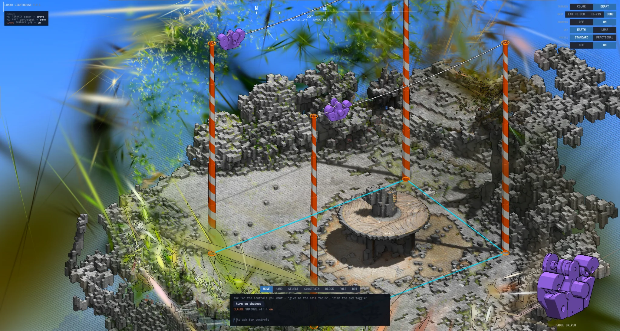 A voxel reconstruction interface with cable robots suspended across ruins