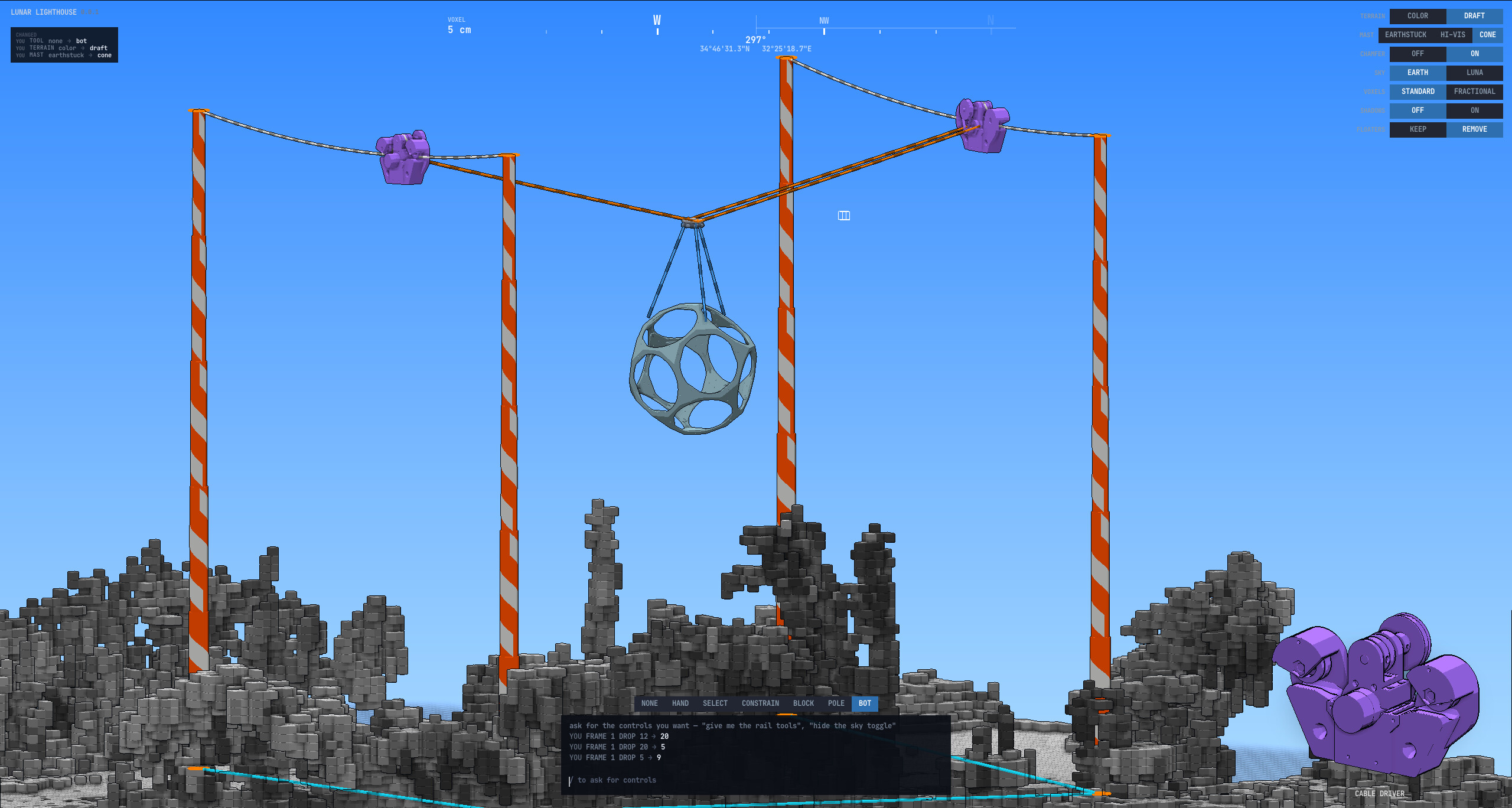Lunar Lighthouse voxel construction view with cable robots suspended over basalt terrain